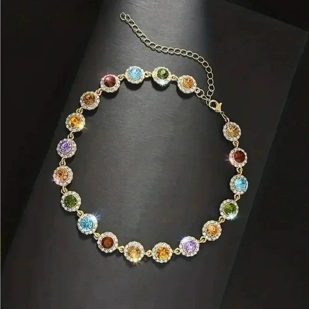 Stylish cororful rhinestones necklace gold plated - Picture 2 of 3